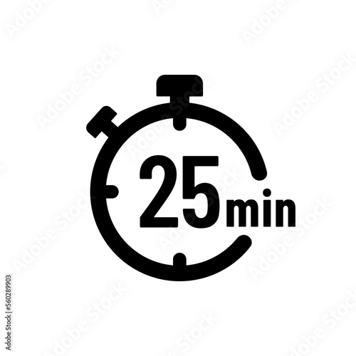 25 minutes timer or 25 minutes stopwatch icon vector on white background. 25 minutes timer, stopwatch or countdown icon. Time measure. Chronometr icon. Best 25 minutes icon vector.