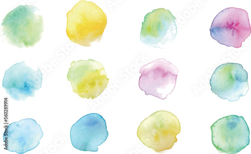 水彩画。水彩タッチの手描き水玉模様。水玉のテクスチャーイラスト。にじみのある円。Watercolor. Hand painted polka dots with watercolor touch. Textured illustration of polka dots. Oozing circles.