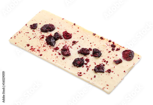 Chocolate bar with freeze dried cherries isolated on white