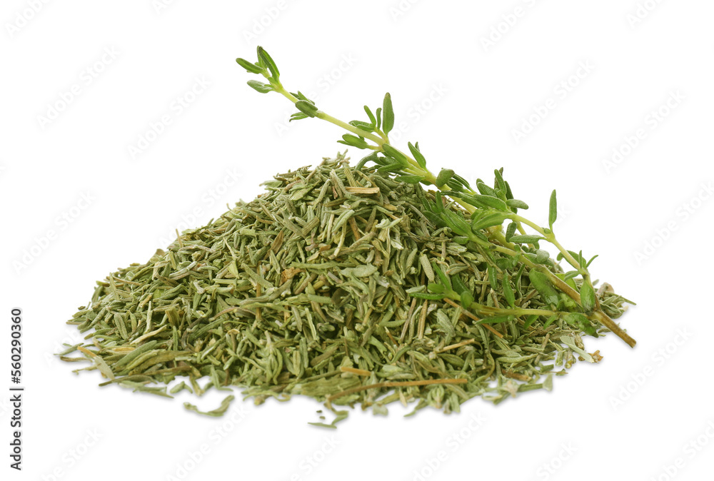 Pile of dried thyme and fresh herb isolated on white Pile of dried thyme and fresh herb isolated on white