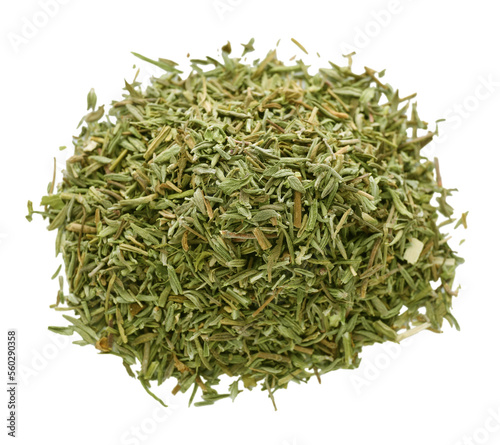 Pile of dried thyme isolated on white, top view