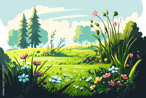Cartoon forest and meadow landscape, toon environment illustration backdrop scene photo