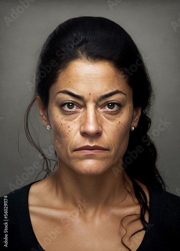 Portrait of a serious mature hispanic woman, Image generated with generative AI