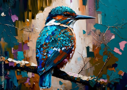 This realistic painting illustration, depicts a hummingbird perched on a branch. The vibrant colors and intricate details make it come to life, giving the viewer a sense of serenity and beauty