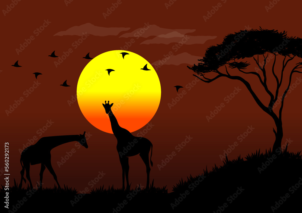 Vector illustration of African wildlife at sunset with giraffe