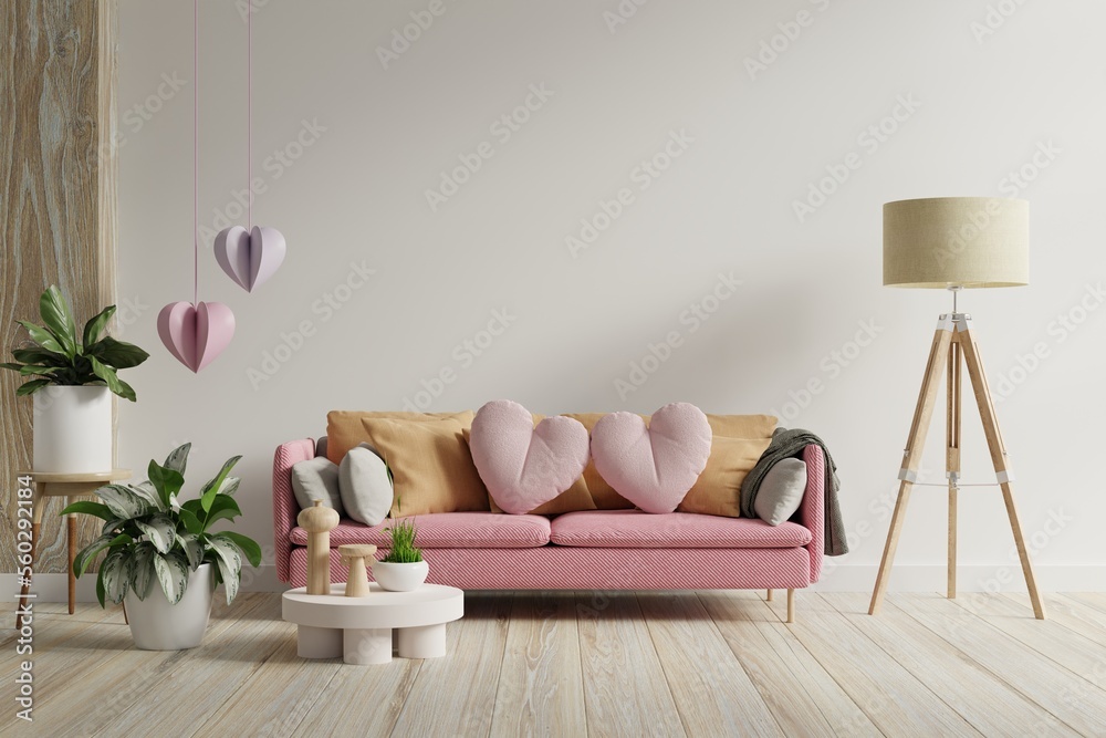 Fototapeta premium Valentine interior room have pink sofa and home decor for valentine's day.