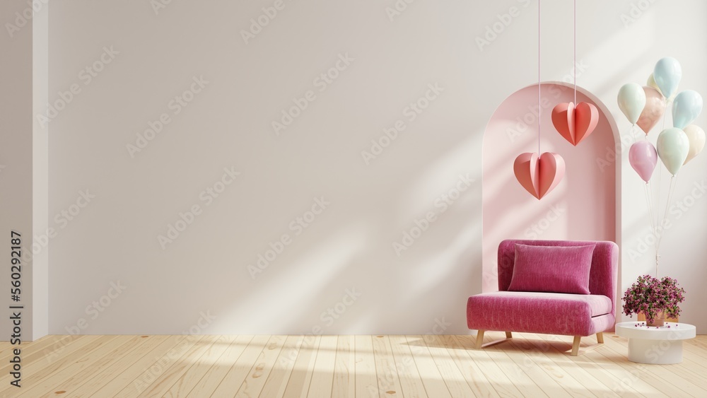 Fototapeta premium Valentine interior room have red armchair and home decor for valentine's day.