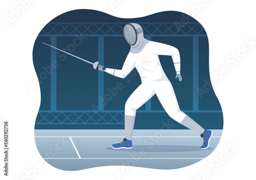 Fencing Player Sport Illustration with Fencer Fighting on Piste and Sword Duel Competition Event in Flat Cartoon Hand Drawn Templates