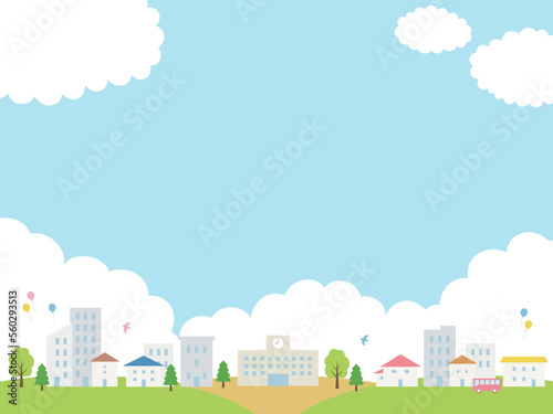 学校のある街並みの背景フレーム_ベクターイラスト