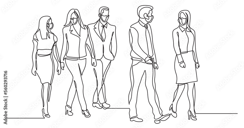 continuous line drawing business team walking together 2 wearing face mask - PNG image with transparent background