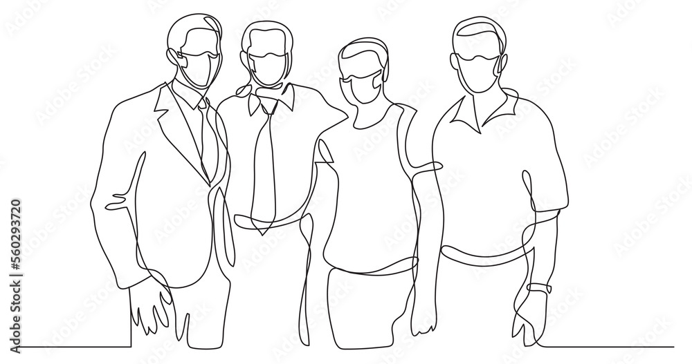 continuous line drawing business team wearing face mask - PNG image with transparent background