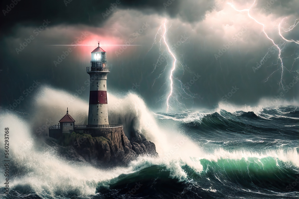 A thunderstorm in the middle of the ocean around a lighthouse with agitated waves