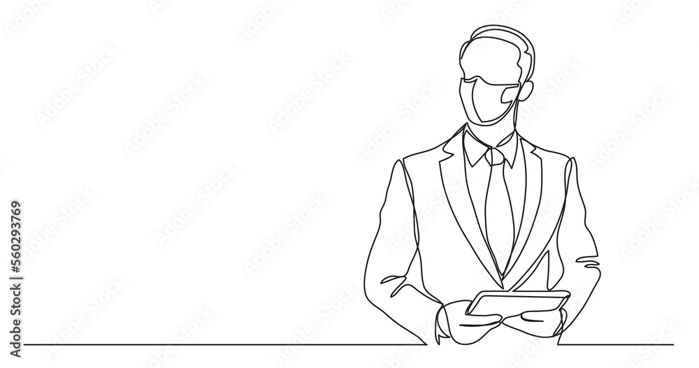 continuous line drawing businessman with tablet wearing face mask - PNG image with transparent background