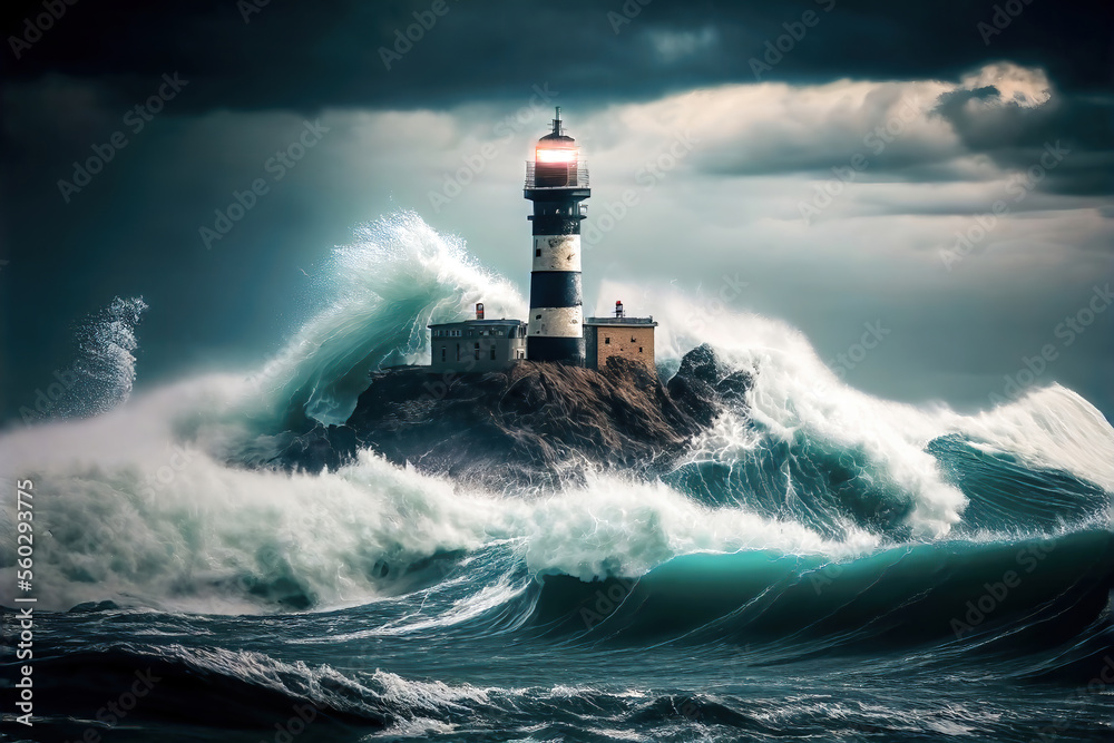 A thunderstorm in the middle of the ocean around a lighthouse with agitated waves