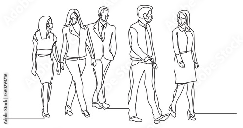 continuous line drawing business team walking together 2 wearing face mask - PNG image with transparent background