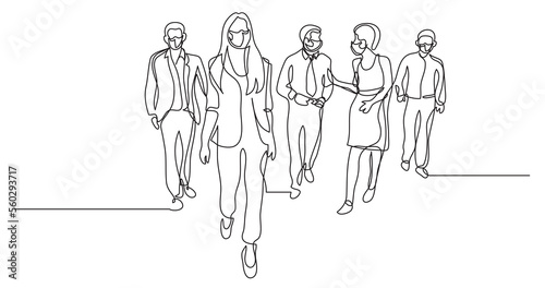 continuous line drawing business team walking together 3 wearing face mask - PNG image with transparent background
