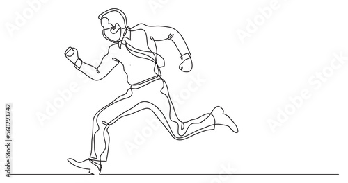 continuous line drawing businessman running fast wearing face mask - PNG image with transparent background