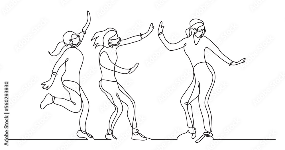 continuous line drawing group of girls having fun wearing face mask - PNG image with transparent background