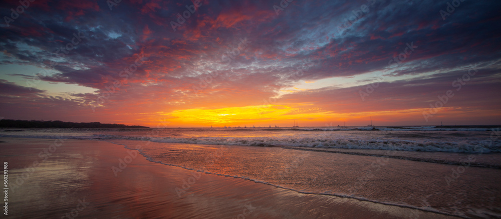 Tropical Beach Panorama at sunset with dramatic sky