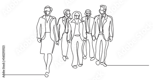 continuous line drawing group business professionals walking in office wearing face mask - PNG image with transparent background