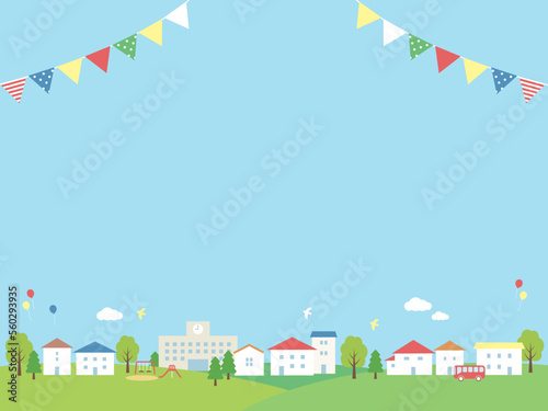 街並みとガーランドの背景フレーム_ベクターイラスト