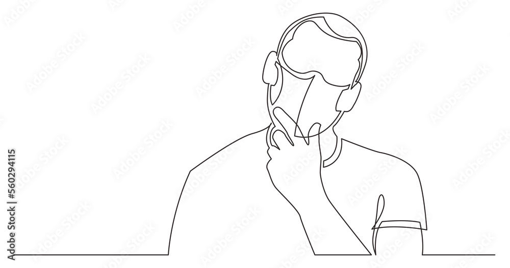 continuous line drawing man analyzing wearing face mask PNG image