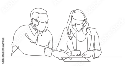 continuous line drawing man nstructing woman on work place wearing face mask - PNG image with transparent background © OneLineStock