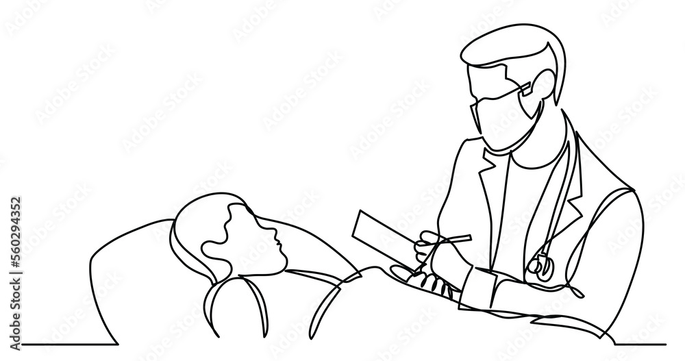 continuous line drawing of doctor in protective mask talking to sick patient in bed - PNG image with transparent background