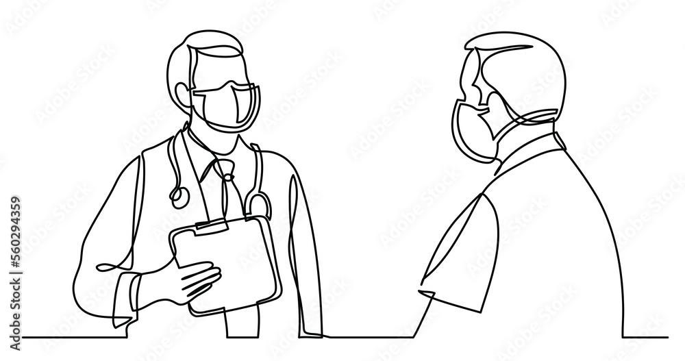 continuous line drawing of doctor in protective mask with stethoscope speaking with patient in masks - PNG image with transparent background
