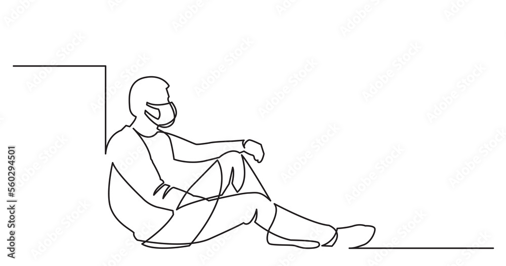 continuous line drawing of sitting man in protective mask thinking - PNG image with transparent background