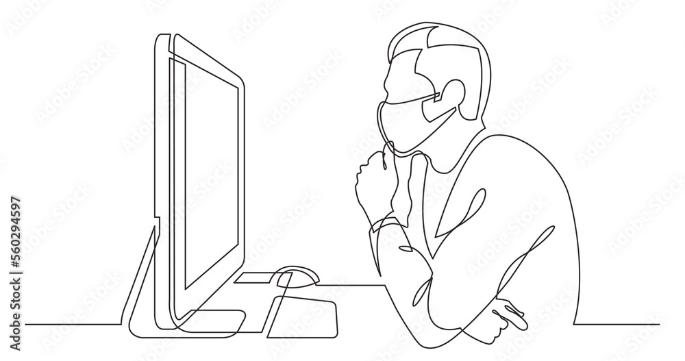 continuous line drawing office worker concentrated behind computer ...