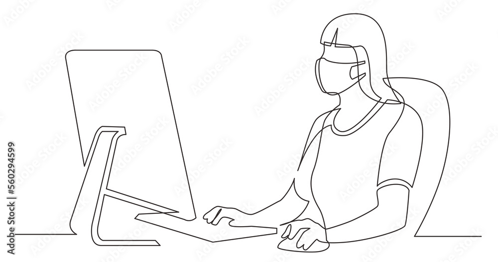 continuous line drawing office worker sitting behind computer display ...