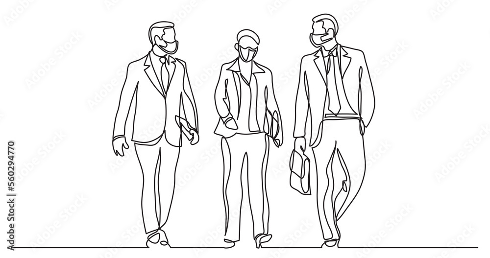 continuous line drawing three business execitives walking together wearing face mask - PNG image with transparent background continuous line drawing three business execitives walking together wearing face mask - PNG image with transparent background