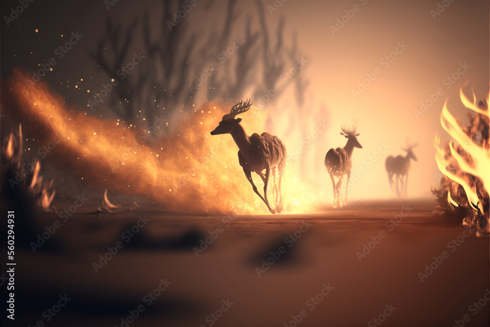Deer running away from the flames, made by AI, artificial intelligence