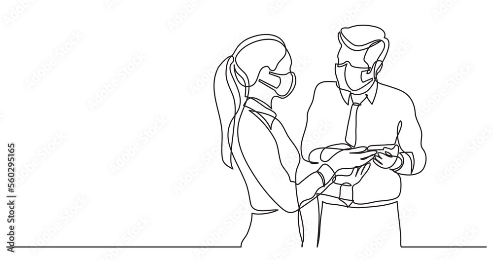 two modern employees talking about smart phone app wearing face mask - PNG image with transparent background