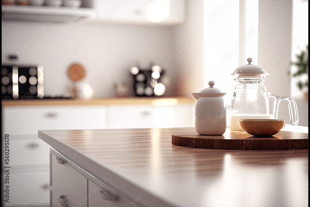 Copy space of luxury table top counter on blur kitchen abstract background. Food and product presentation. Generative Ai Copy space of luxury table top counter on blur kitchen abstract background. Food and product presentation. Generative Ai