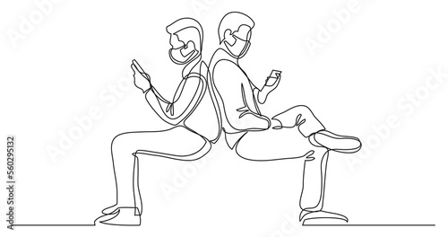 Fototapeta Naklejka Na Ścianę i Meble -  single line drawing young men browising cell phones wearing face mask - PNG image with transparent background