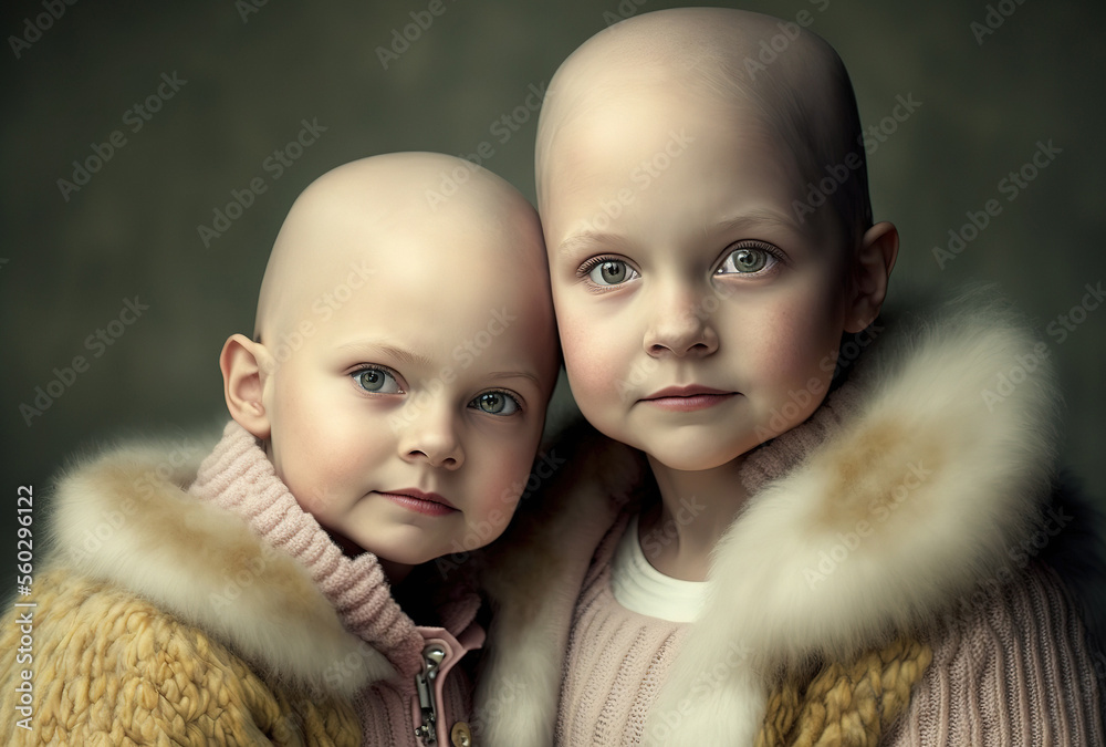 Portrait of two bald cute little sisters looking at camera symbolizing World cancer day. Healthcare and medicine concept. Generative AI. Portrait of two bald cute little sisters looking at camera symbolizing World cancer day. Healthcare and medicine concept. Generative AI.