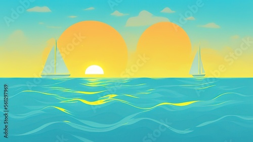 Fotografering Cartoon Color Sunset or Sunrise Boat and Ocean Landscape Scene Concept Flat Design Style