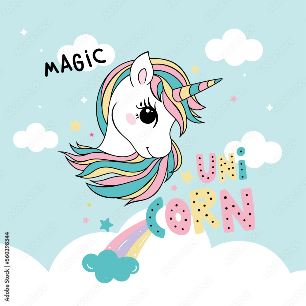 vector beautiful unicorn head with beautiful cloud and rainbow
