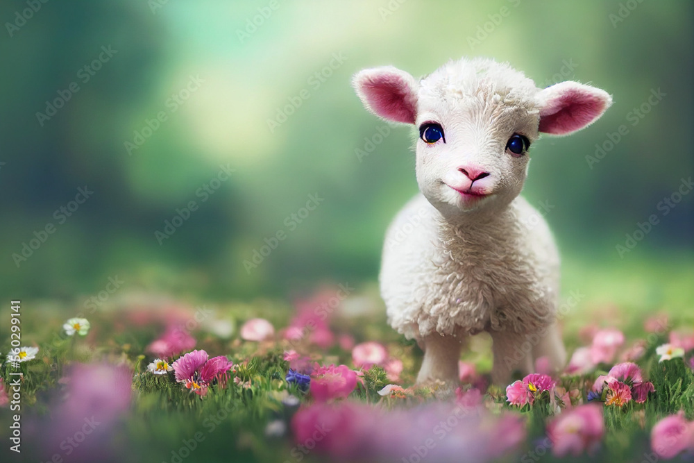 cute white baby lamb on flower field. Generative AE. cute white baby lamb on flower field. Generative AE.