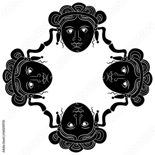 Geometrical ornament or frame with four antique female masks. Head of ancient Greek woman or goddess. Black and white negative silhouette.