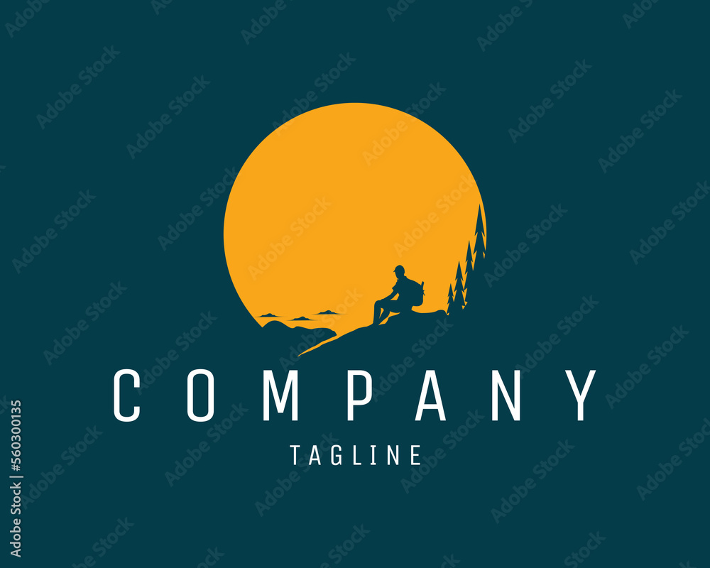 simple silhouette mountain climber logo. amazing sunset view. Best for badges, emblems, design stickers, t-shirts, icons and the mountaineering lover industry. available eps 10.