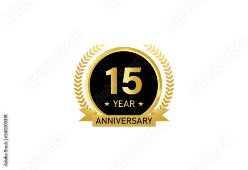 15 year anniversary celebration. Anniversary logo with ring and elegant golden color isolated on white background, vector design for celebration.