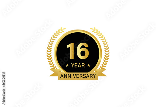 16 year anniversary celebration. Anniversary logo with ring and elegant golden color isolated on white background, vector design for celebration.