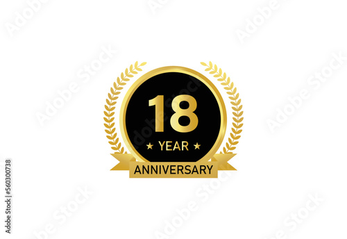 18 year anniversary celebration. Anniversary logo with ring and elegant golden color isolated on white background, vector design for celebration.