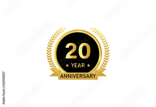 20 year anniversary celebration. Anniversary logo with ring and elegant golden color isolated on white background, vector design for celebration.