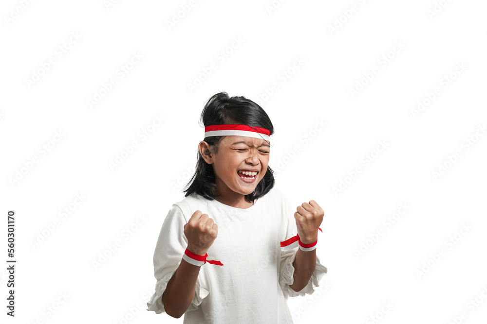 Smiling happy asian girl with indonesian independence concept, holding victory hand gesture. Isolated by white background. Smiling happy asian girl with indonesian independence concept, holding victory hand gesture. Isolated by white background.