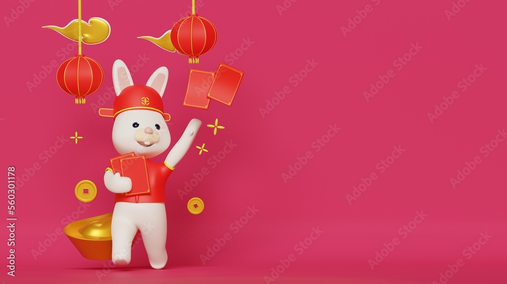 Fototapeta premium Chinese new year 2023 background with a rabbit giving red packets