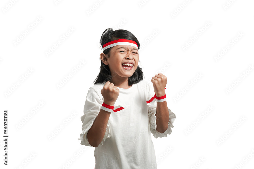 Smiling happy asian girl with indonesian independence concept, holding victory hand gesture. Isolated by white background. Smiling happy asian girl with indonesian independence concept, holding victory hand gesture. Isolated by white background.